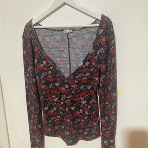 Free People Red and Black Floral Long Sleeve Top